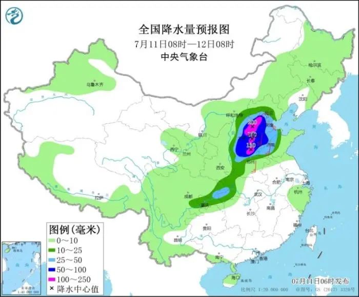 全国降水量预报图。(7月11日8时-12日8时)来源:中国天气网