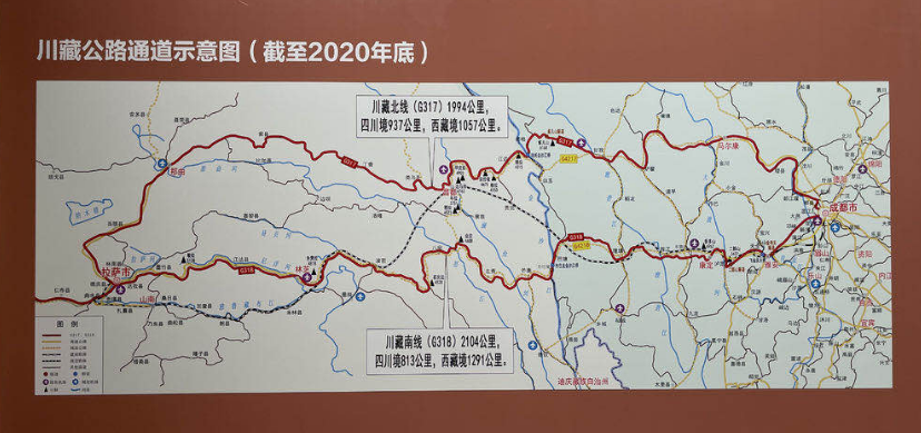 而"川藏公路通道示意图(截至2020年底)"的川藏南,北双线图则显示,以