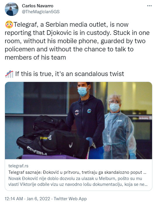 一波三折!德约落地澳洲遭拒绝入境,被困机场房间+手机被没收!