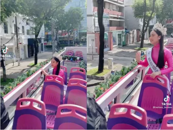 越南14岁选美冠军坐双层巴士在胡志明市“游街”