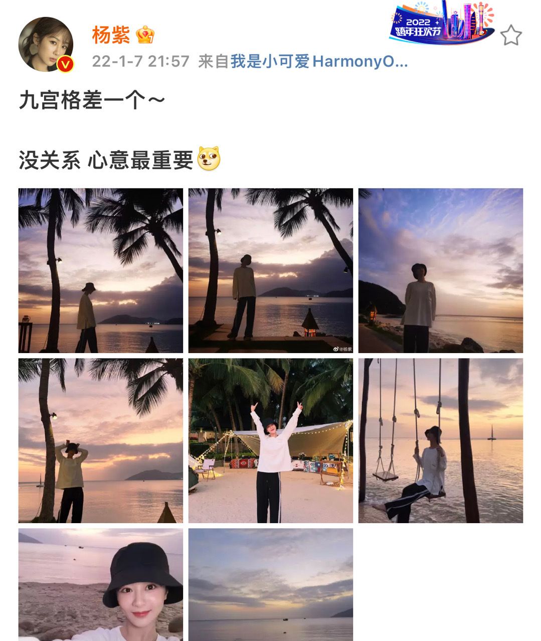 杨紫晒妈妈给她拍的海边照片，落日余晖，椰子树下，氛围感拿捏了
