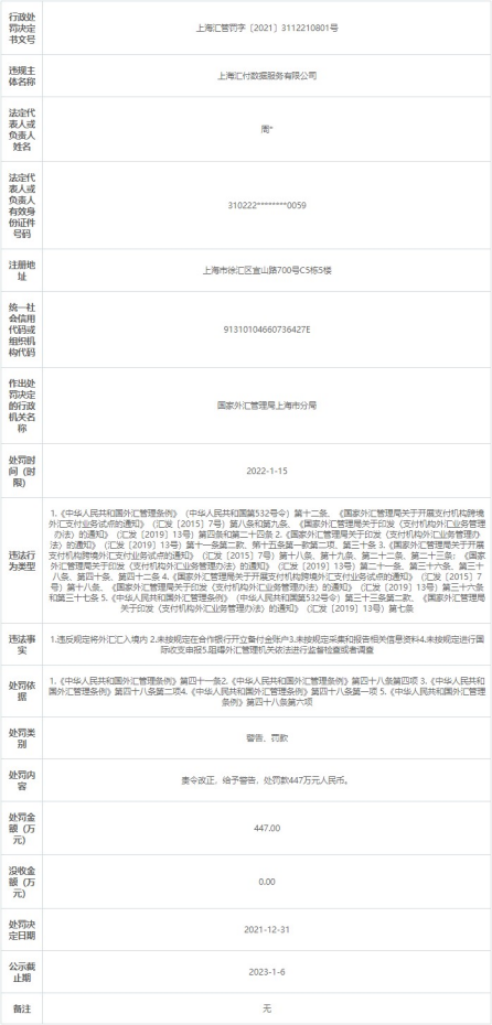 汇付天下全资子公司违法被罚447万 阻碍监督检查等