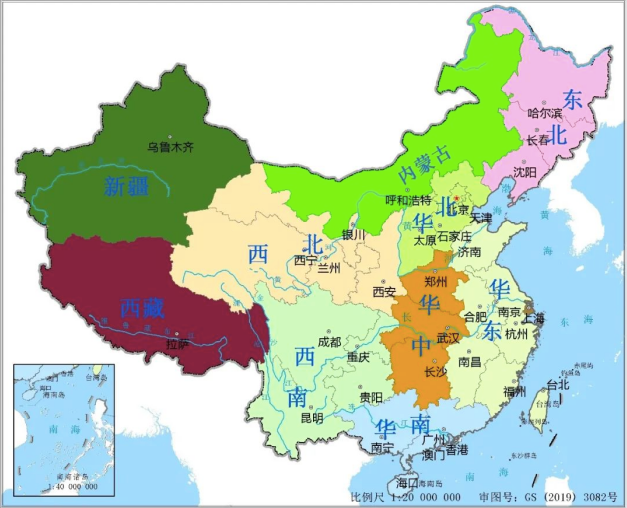 中国陆地气象地理一级地区区划图