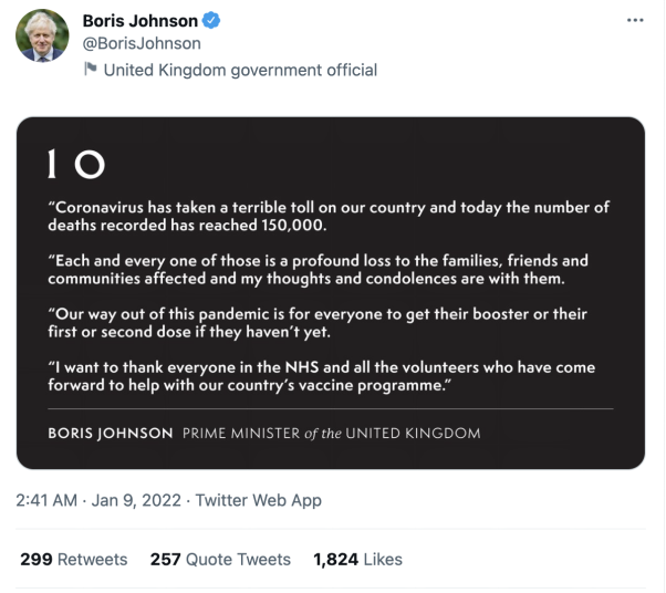 英国首相约翰逊推特截图