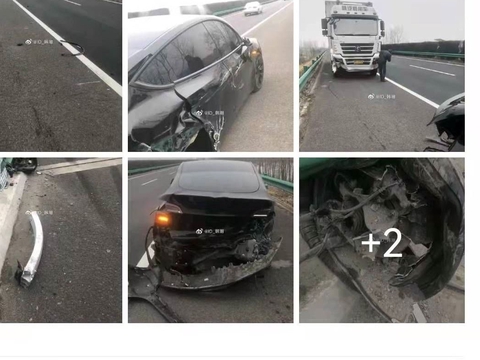 车主爆料特斯拉高速右后轮突然飞了，失控撞上大卡车！韩潮转发