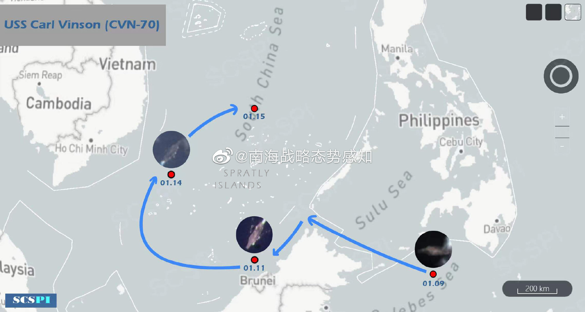 美军舰队从菲律宾海进入南海，抵达南沙以北 图源：社交媒体