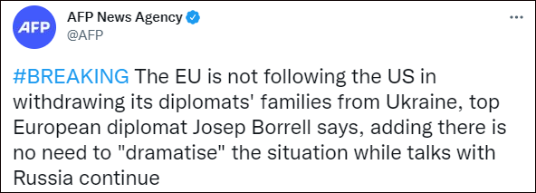 博雷尔：欧盟目前没有撤离外交官家属的计划