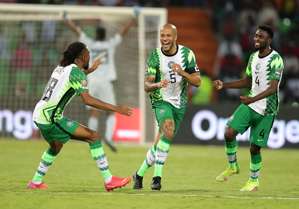 当地时间1月19日，尼日利亚2比0击败几内亚比绍，球员庆祝进球。