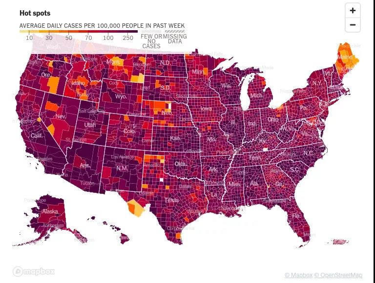 过去一周，美国每十万人中的日均新增确诊数几乎到达图表上限，标示从红色变成深紫色