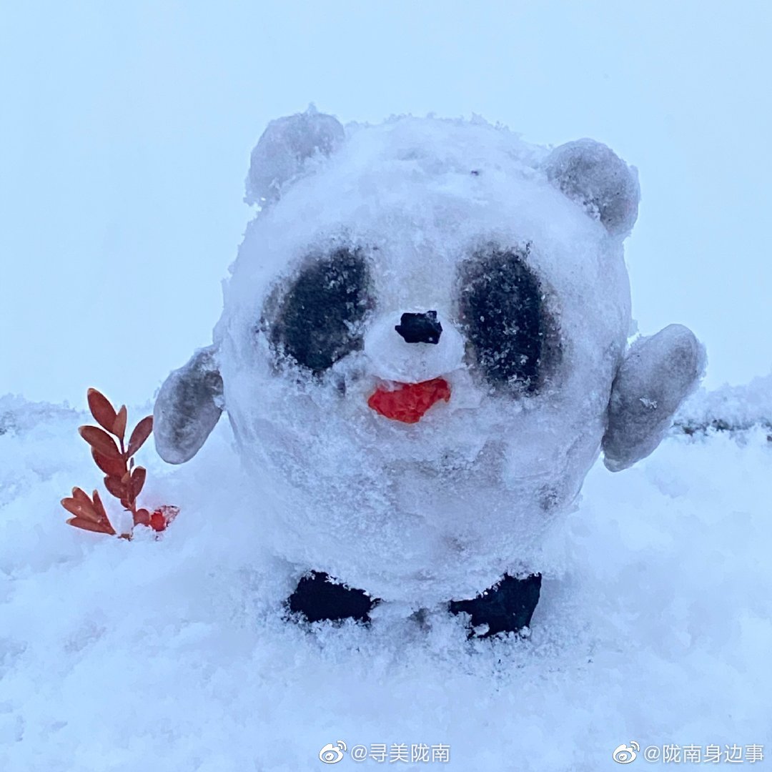 高手在民间陇南成县网友用雪堆成的冰墩墩太有镜头感了