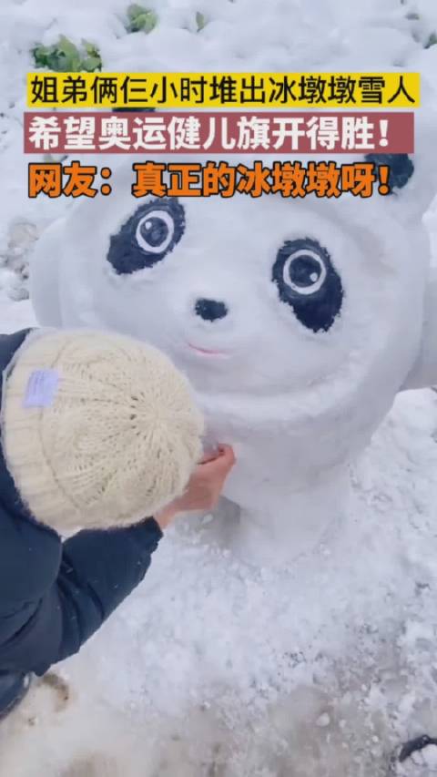 河南姐弟俩花三小时堆冰墩墩雪人