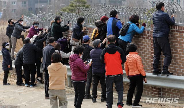 因此,不少人踩着住宅旁边一处地势较高的道路护栏"登高望远",想探一探