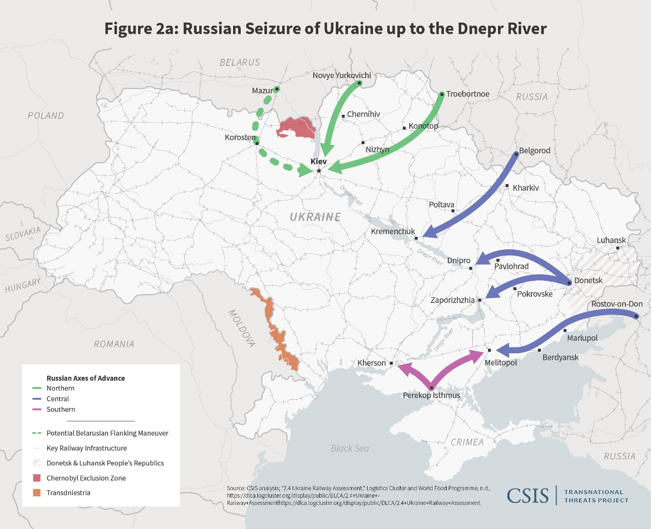 美国战略与国际问题研究中心（CSIS）制作的俄军可能进攻路线图。