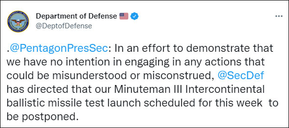 美国防部推特截图“为了证明我们无意从事任何可能被误解的行动”