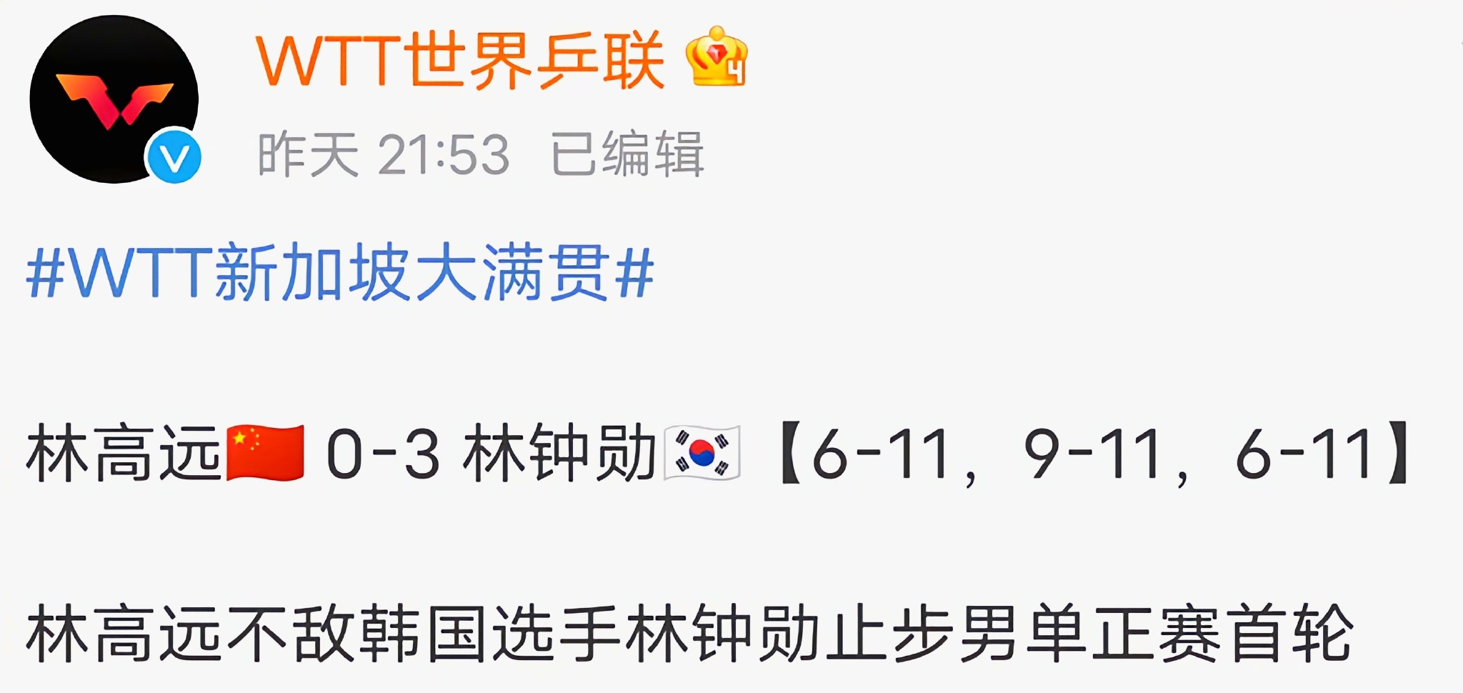 0-3爆冷出局！国乒世界冠军不敌<a href=