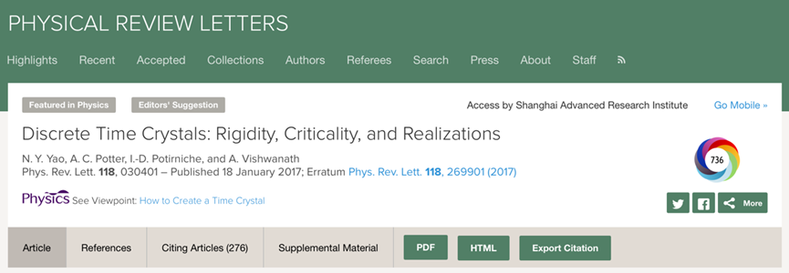 图 | 诺曼·姚关于时间晶体制造方法的论文（来源：journals.aps.org）