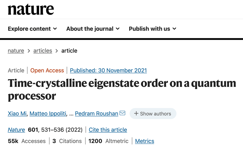 图 | 谷歌将时间晶体的研究成果发表在 Nature 上（来源：nature.com）