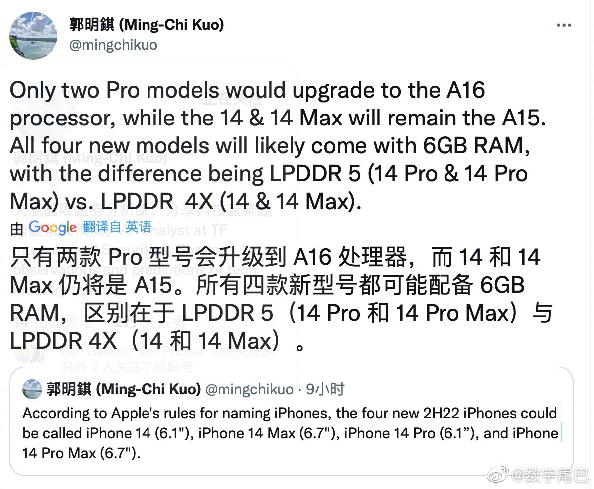 郭明錤发布推文称只有两款 Pro 型号会升级到 A16 处理器……休闲区蓝鸢梦想 - Www.slyday.coM 郭明錤发布推文称只有两款 Pro 型号会升级到 A16 处理器……休闲区蓝鸢梦想 - Www.slyday.coM