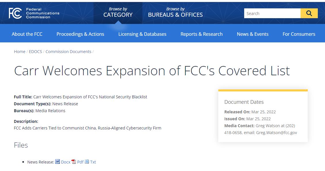 美国FCC将俄罗斯卡巴斯基实验室、中国电信子公司等列入“安全风险清单”休闲区蓝鸢梦想 - Www.slyday.coM 美国FCC将俄罗斯卡巴斯基实验室、中国电信子公司等列入“安全风险清单”休闲区蓝鸢梦想 - Www.slyday.coM