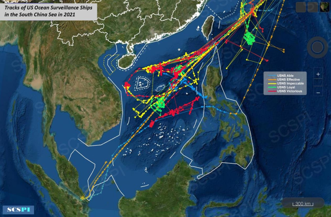 2021年美军五艘海洋监视船活动轨迹图。图源:SCSPI