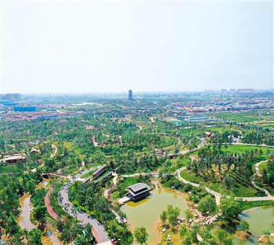 雄安新区悦容公园北苑内的景色（2021年9月1日摄，无人机照片）。新华社记者 牟 宇摄