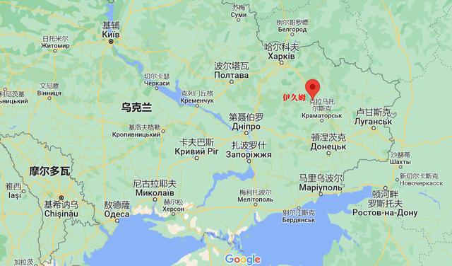 乌克兰伊久姆市位置示意图。图片来源：谷歌地图