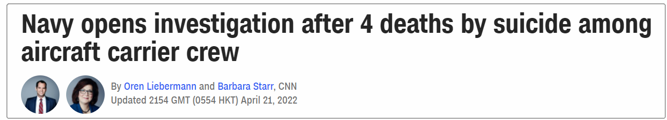 美军4名航母船员自杀身亡,正展开调查。来源:CNN