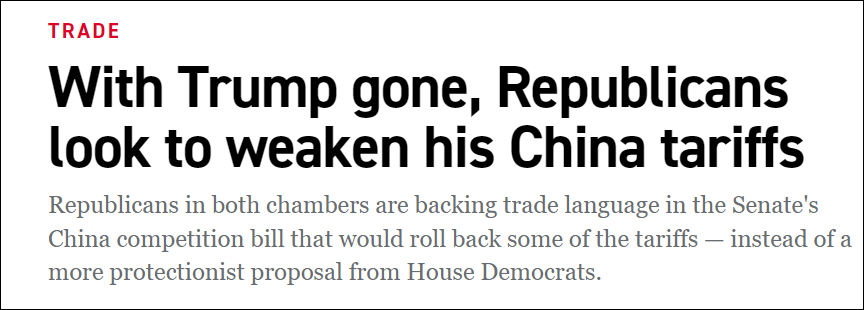 “政客”：随着特朗普离开，共和党人希望削弱对华关税