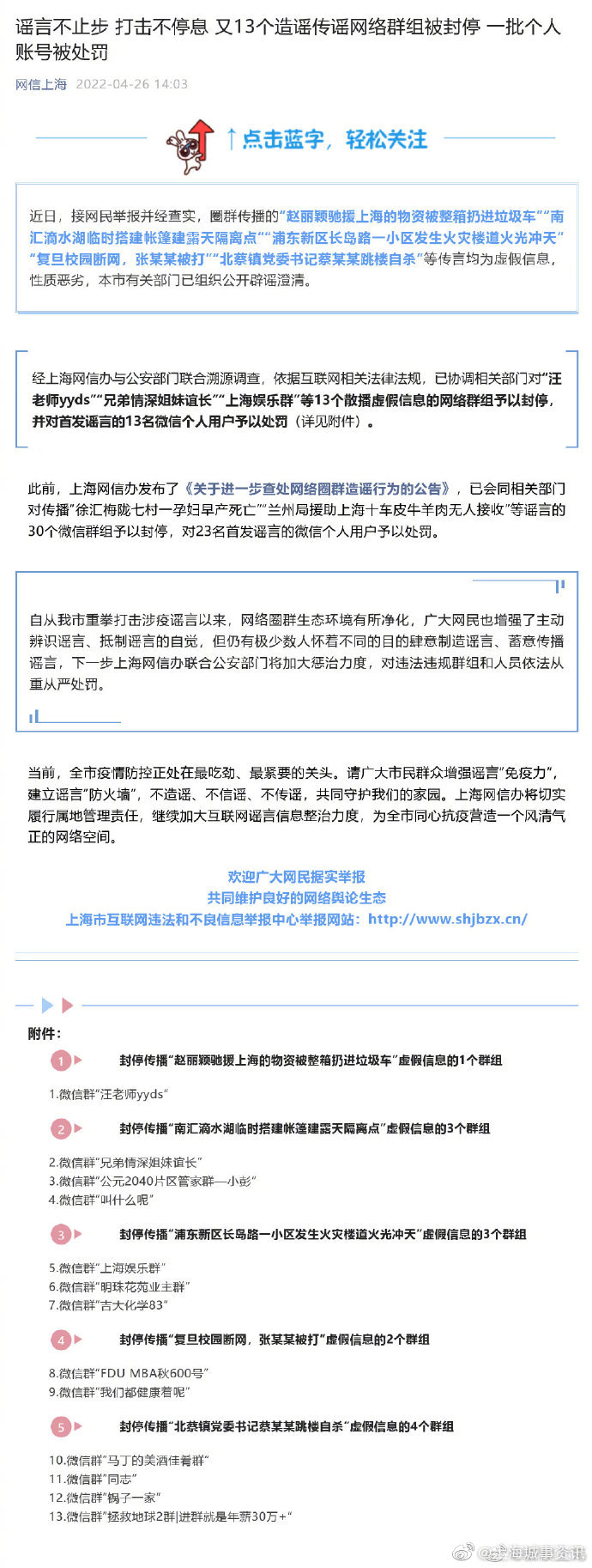 上海再封停13个造谣传谣网络群组，一批个人账号被处罚上海市