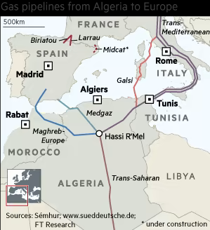 阿尔及利亚运输至欧洲的天然气线路 图自《金融时报》