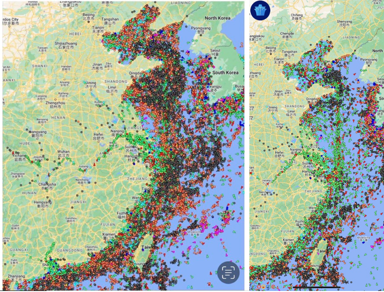 左：网传图片；右：MarineTraffic在“标准地图”模式下的界面截图。