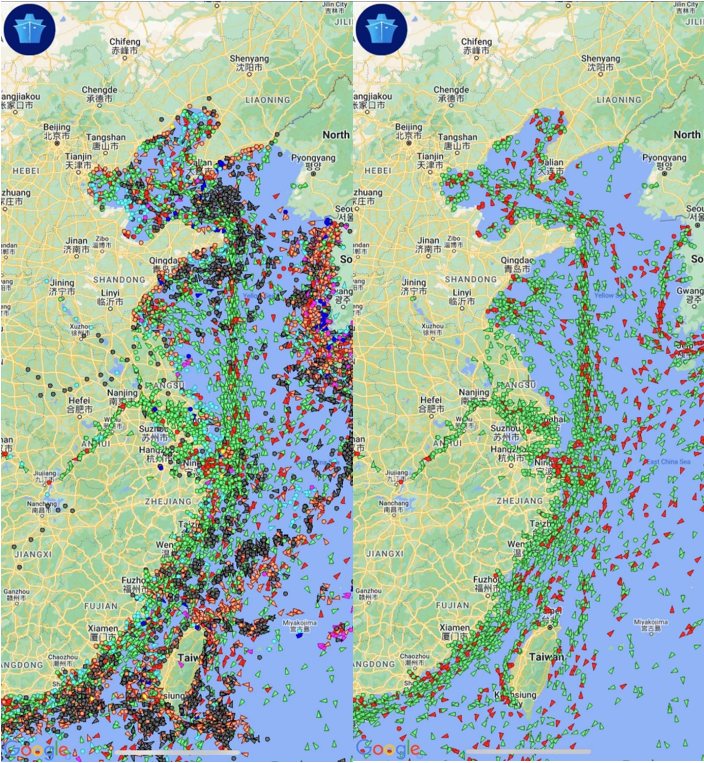 左：在MarineTraffic软件上显示的中国港口附近全部船舶类型的分布；右：仅显示中国港口附近的货轮和油轮分布（包含内陆水运）。截图时间：2022年5月6日16时05分