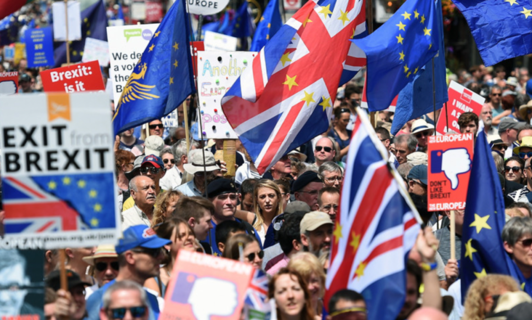 2018年6月，英国脱欧公投两周年之际，上万英国民众在伦敦市中心示威游行。图源：环球网