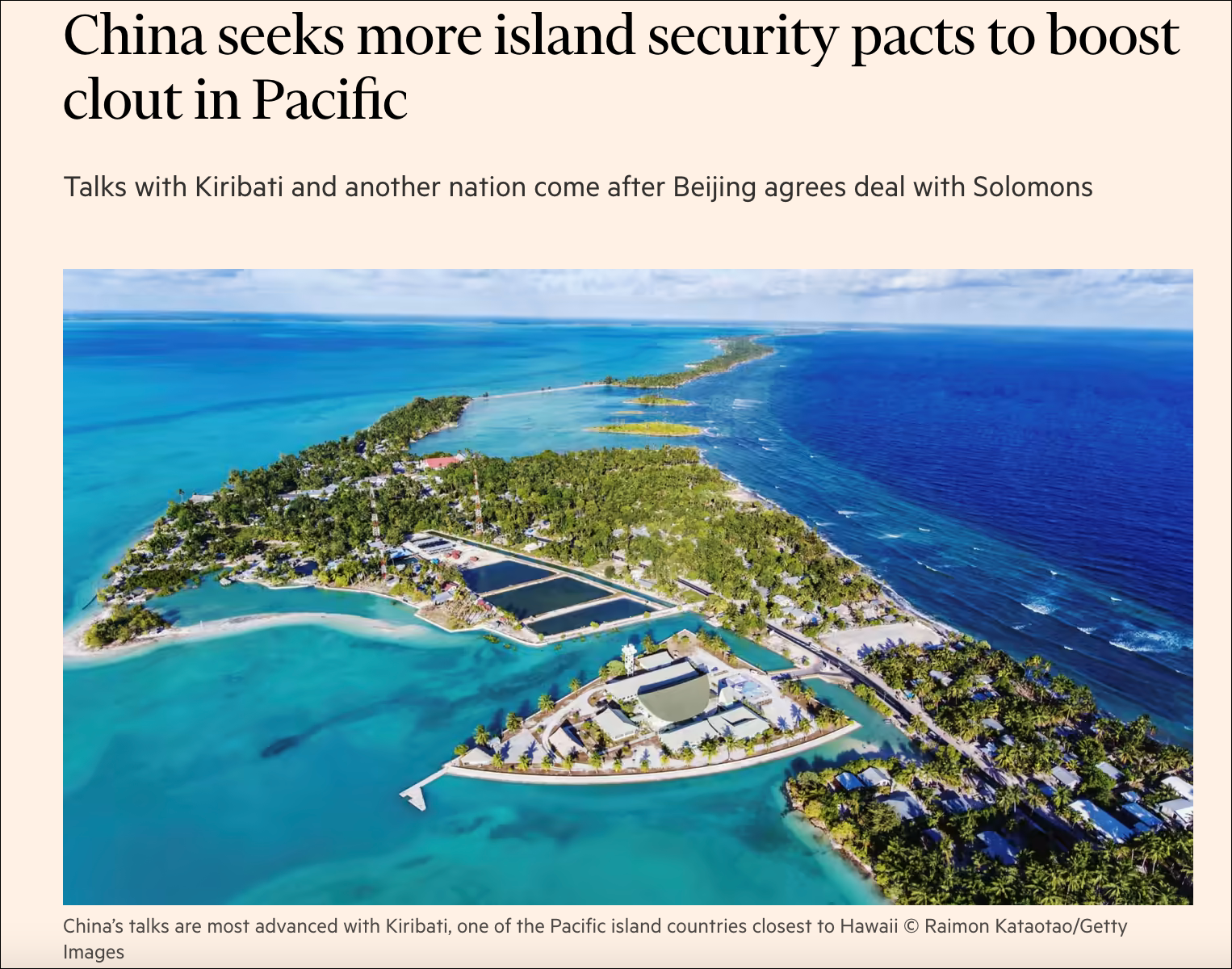 《金融时报》5月21日报道臆测中国同基里巴斯等岛国讨论安全协议