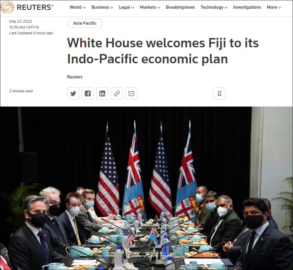路透社报道截图：美国国务卿布林肯今年2月曾访问斐济