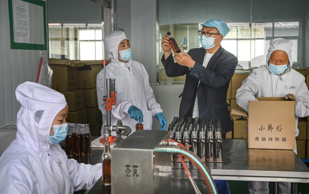 小韩峪村第一书记冯德全（右二）在小韩峪村小磨香油厂检测香油品质。新华社记者陶明 摄