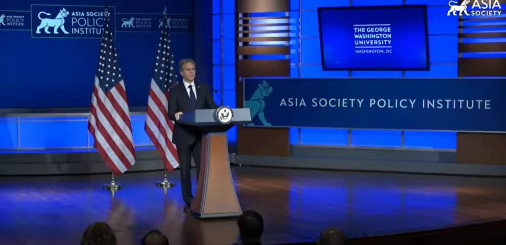 ▲布林肯在乔治·华盛顿大学发表有关中国政策的演讲