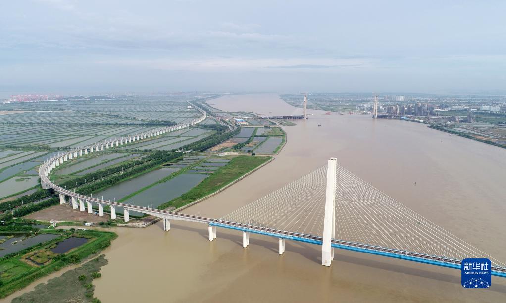 　　南沙港铁路的跨江铁路桥（6月16日摄，无人机照片）。新华社记者 卢汉欣 摄