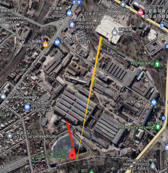 绿圆圈为北岸摄像头（Camera 01）大致位置；红色和黄色分别示意两次火灾发生的方位。