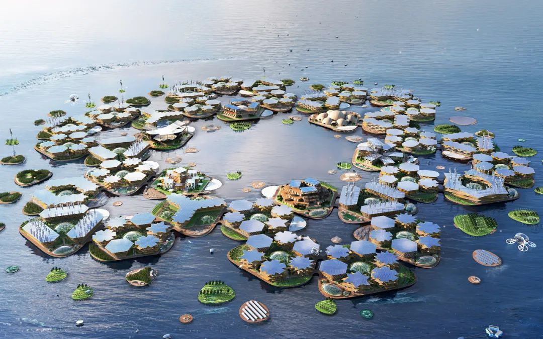 ▲奥西尼克斯设计的漂浮城市模拟效果图。图/OCEANIX/BIG-Bjarke Ingels Group