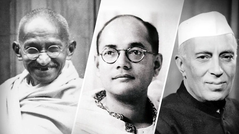 钱德拉·鲍斯（中）与“圣雄”甘地（左）、印度首任总理尼赫鲁（右）一道被印度人视为推动国家独立的英雄。图源：indiatoday