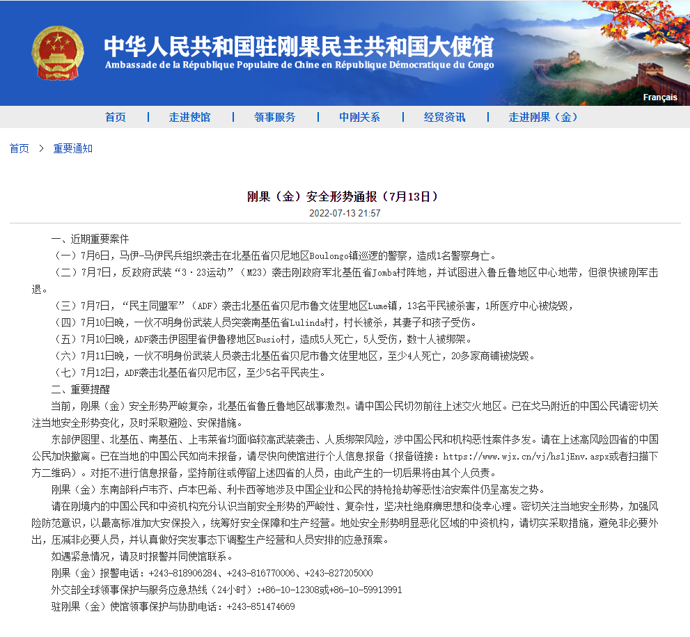 中国驻刚果（金）大使馆网站截图