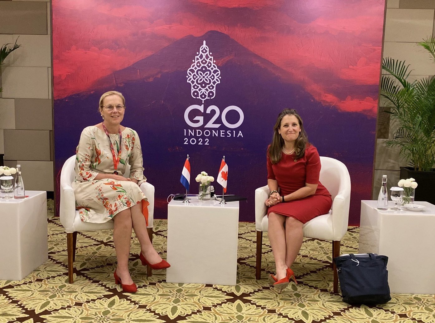 G20财长会会场（上），加拿大财长弗里兰（下右）同荷兰财政大臣卡格会面（社交媒体图）