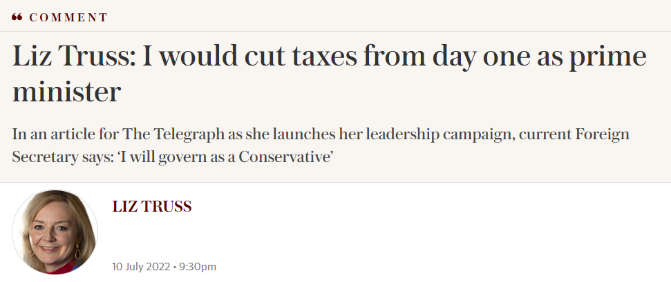 特拉斯发表在《每日电讯报》上的评论文章截图。