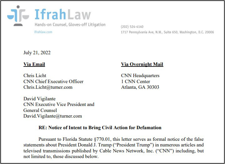 Ifrah律所代表特朗普威胁起诉CNN