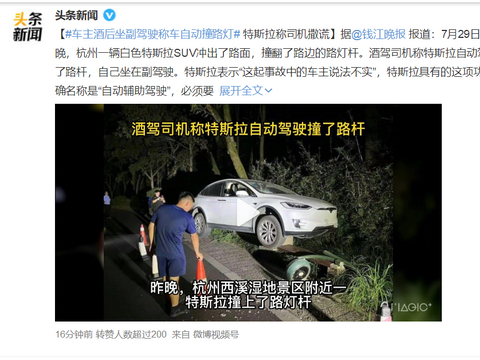 车主酒后坐副驾驶称车自动撞路灯 特斯拉称司机撒谎