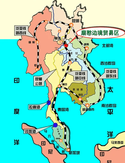 中老鐵路及泛亞鐵路示意圖。中老泰國際鐵路通道從中國昆明出發,經由老撾萬象抵達泰國曼谷,全面建成後將成爲泛亞鐵路中線。