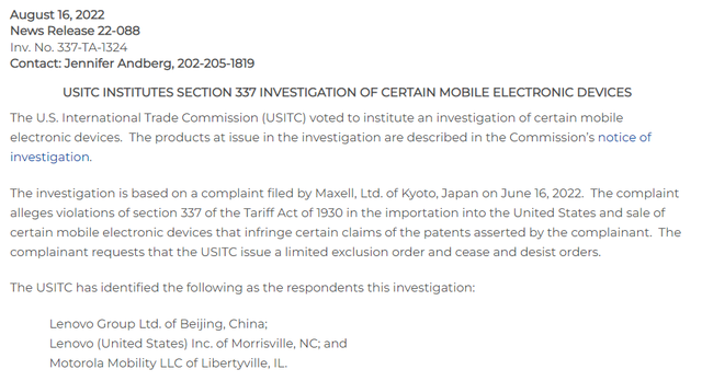 美國ITC啓動編碼爲337-TA-1324的337調查 ITC網站截圖