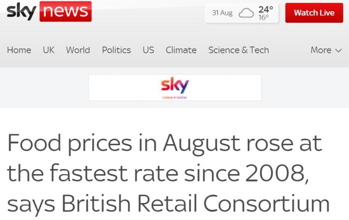 英国2022年8月食品价格创2008年以来最快增速。图片来源:英国天空新闻网报道截图