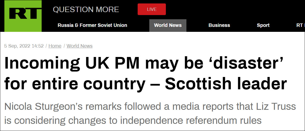 今日俄罗斯报道截图：苏格兰领导人：特拉斯上台是英国的一场灾难